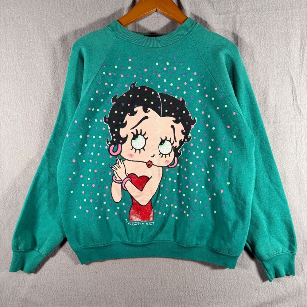 Vintage 1993 Betty Boop Turtle Bay Sweatshirt Teal Green Polka Dot Large USA